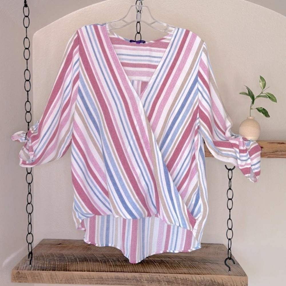 West Kei Allan Surplice Rolltab High Lo Top, Size L, pink blue tan white striped